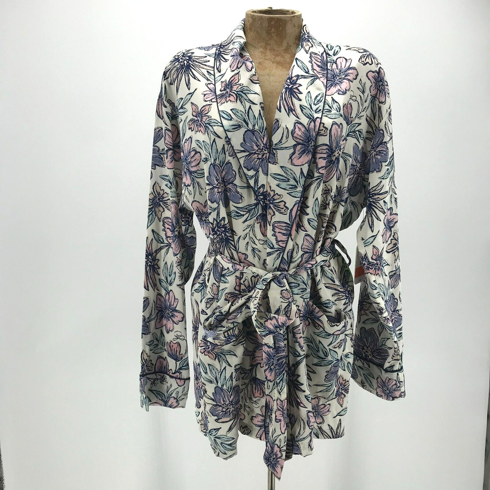 Sam Edelman Antique White Floral Smoking Sleepwear Robe Womens Large NEW Satin